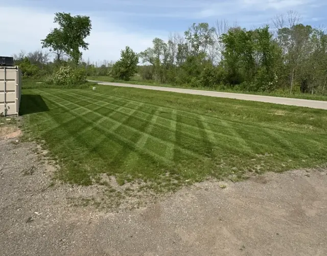 Freshly mowed lawn with stripes next to a road